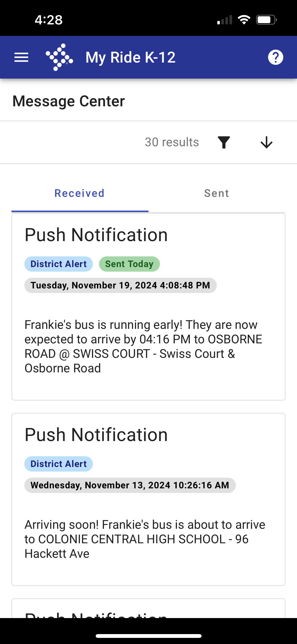 Notifications (Push) entrantes dans My Ride K-12